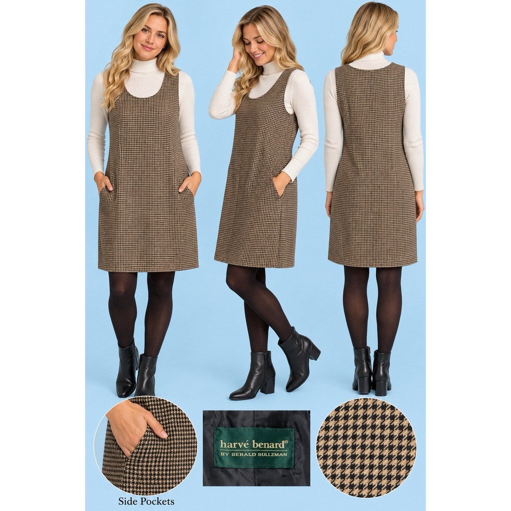 VTG 90's Harve' Bernard Jumper Dress Houndstooth Sleeveless Lined Measures L-XL